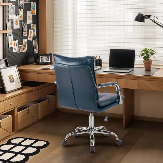 Alt view image 3 of 6 - Mid-Back Ergonomic Leather Office Chair, Modern Upholstered Executive Desk Chair with Gold Frame Armrest Computer Task Chair