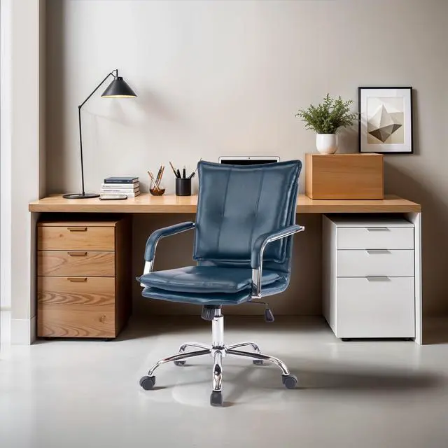 Alt view image 4 of 6 - Mid-Back Ergonomic Leather Office Chair, Modern Upholstered Executive Desk Chair with Gold Frame Armrest Computer Task Chair