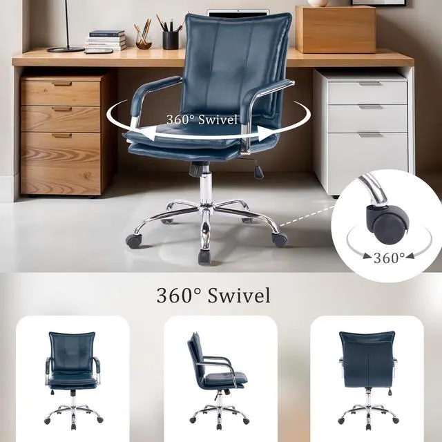 Alt view image 6 of 6 - Mid-Back Ergonomic Leather Office Chair, Modern Upholstered Executive Desk Chair with Gold Frame Armrest Computer Task Chair