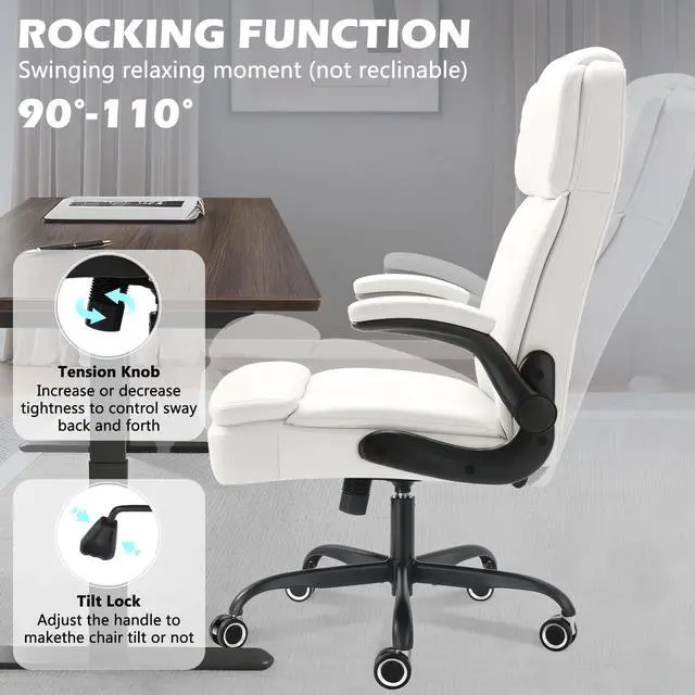 Alt view image 6 of 6 - 450 LBS Big and Tall Executive Office Chair with Flip up Arm, Heavy Duty Leather Computer Desk Chair,Comfortable High Back Swivel Home Office Chair with Rolling for Adults (White)