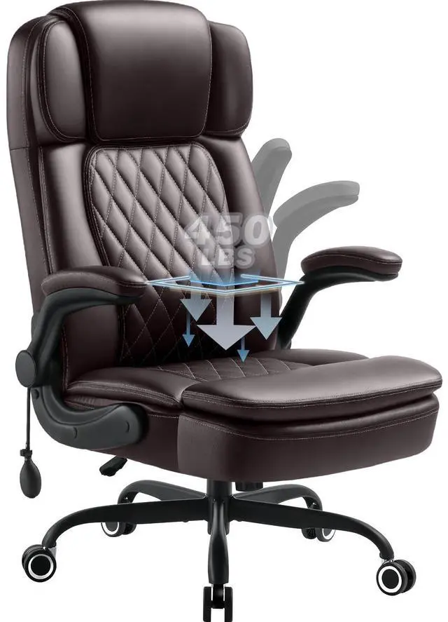 Main image of 450LBS Big and Tall Executive Office Chair with Flip up Arm,Heavy Duty PU Leather Computer Desk Chair,Comfortable High Back Swivel Home Office Chair with Rolling for Adults,Spring Cushion,Metal Base