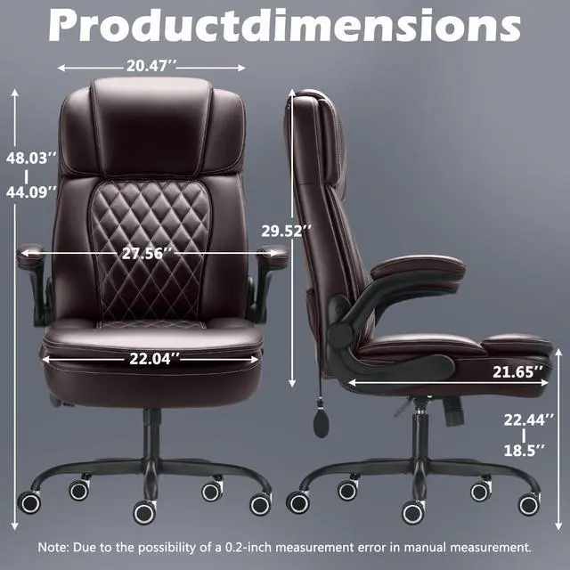 Alt view image 3 of 6 - 450LBS Big and Tall Executive Office Chair with Flip up Arm,Heavy Duty PU Leather Computer Desk Chair,Comfortable High Back Swivel Home Office Chair with Rolling for Adults,Spring Cushion,Metal Base