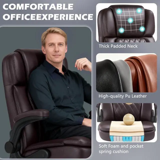 Alt view image 4 of 6 - 450LBS Big and Tall Executive Office Chair with Flip up Arm,Heavy Duty PU Leather Computer Desk Chair,Comfortable High Back Swivel Home Office Chair with Rolling for Adults,Spring Cushion,Metal Base