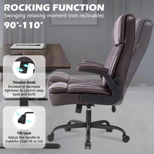 Alt view image 6 of 6 - 450LBS Big and Tall Executive Office Chair with Flip up Arm,Heavy Duty PU Leather Computer Desk Chair,Comfortable High Back Swivel Home Office Chair with Rolling for Adults,Spring Cushion,Metal Base