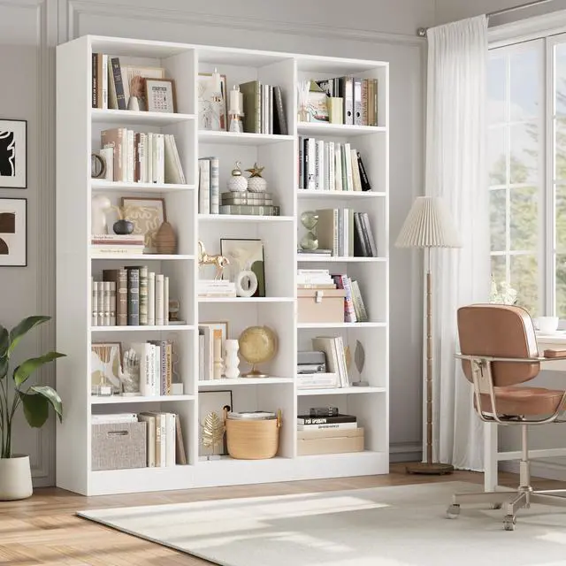 Alt view image 2 of 6 - Triple Wide Bookshelf, 6 Tier Large Bookshelf, Bookcase with 17 Open Display Shelves, 74'' Tall Bookcases and Bookshelves for Living Room, Home Office, Library, White