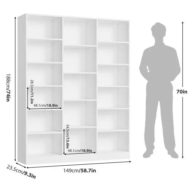 Alt view image 3 of 6 - Triple Wide Bookshelf, 6 Tier Large Bookshelf, Bookcase with 17 Open Display Shelves, 74'' Tall Bookcases and Bookshelves for Living Room, Home Office, Library, White