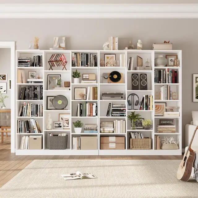 Alt view image 4 of 6 - Triple Wide Bookshelf, 6 Tier Large Bookshelf, Bookcase with 17 Open Display Shelves, 74'' Tall Bookcases and Bookshelves for Living Room, Home Office, Library, White