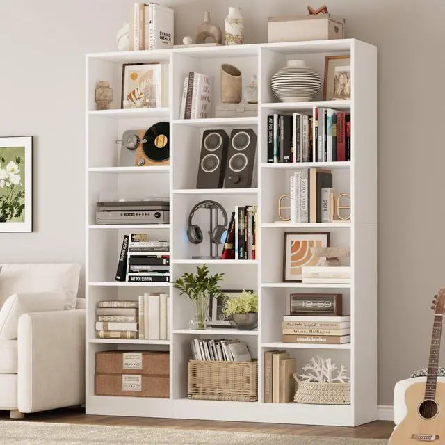 Alt view image 5 of 6 - Triple Wide Bookshelf, 6 Tier Large Bookshelf, Bookcase with 17 Open Display Shelves, 74'' Tall Bookcases and Bookshelves for Living Room, Home Office, Library, White