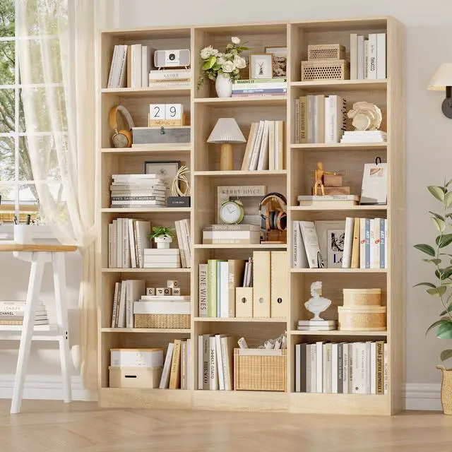 Main image of Triple Wide Bookshelf, 6 Tier Large Bookshelf, Bookcase with 17 Open Display Shelves, 74'' Tall Bookcases and Bookshelves for Living Room, Home Office, Library, Light Oak