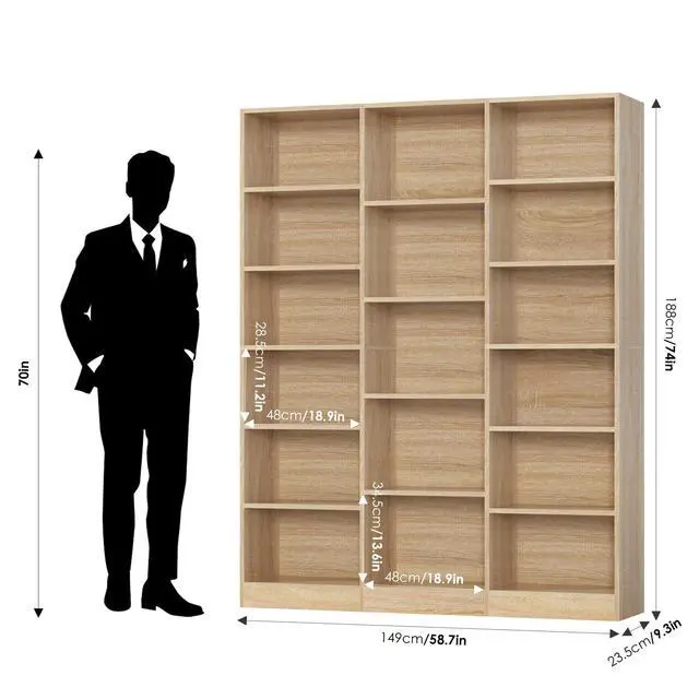 Alt view image 2 of 5 - Triple Wide Bookshelf, 6 Tier Large Bookshelf, Bookcase with 17 Open Display Shelves, 74'' Tall Bookcases and Bookshelves for Living Room, Home Office, Library, Light Oak