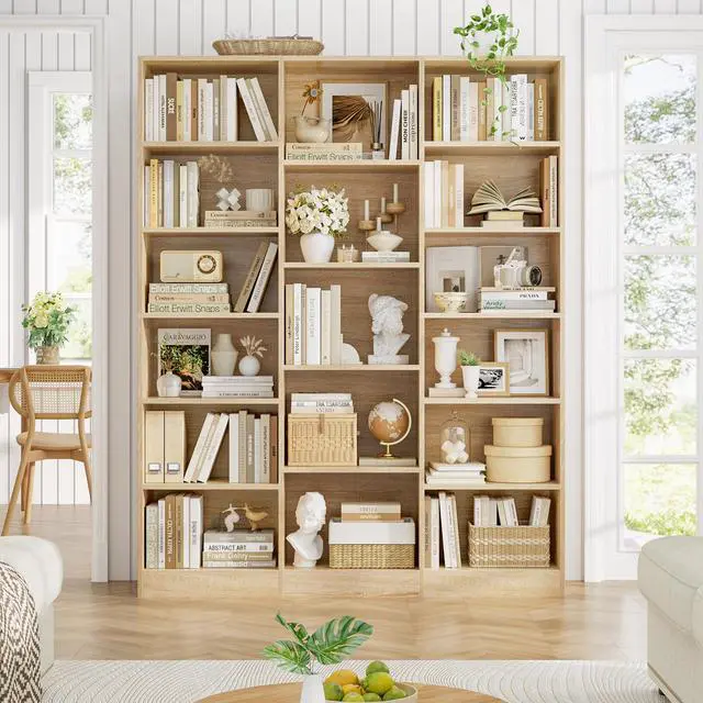 Alt view image 3 of 5 - Triple Wide Bookshelf, 6 Tier Large Bookshelf, Bookcase with 17 Open Display Shelves, 74'' Tall Bookcases and Bookshelves for Living Room, Home Office, Library, Light Oak
