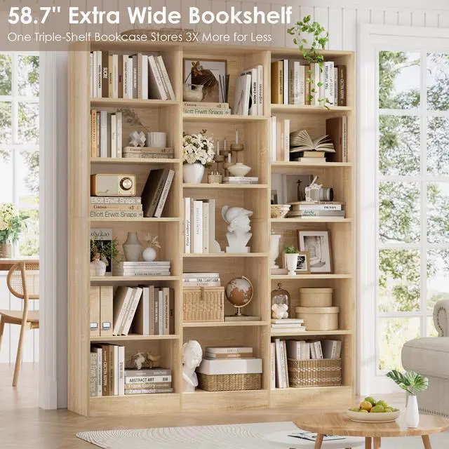 Alt view image 4 of 5 - Triple Wide Bookshelf, 6 Tier Large Bookshelf, Bookcase with 17 Open Display Shelves, 74'' Tall Bookcases and Bookshelves for Living Room, Home Office, Library, Light Oak
