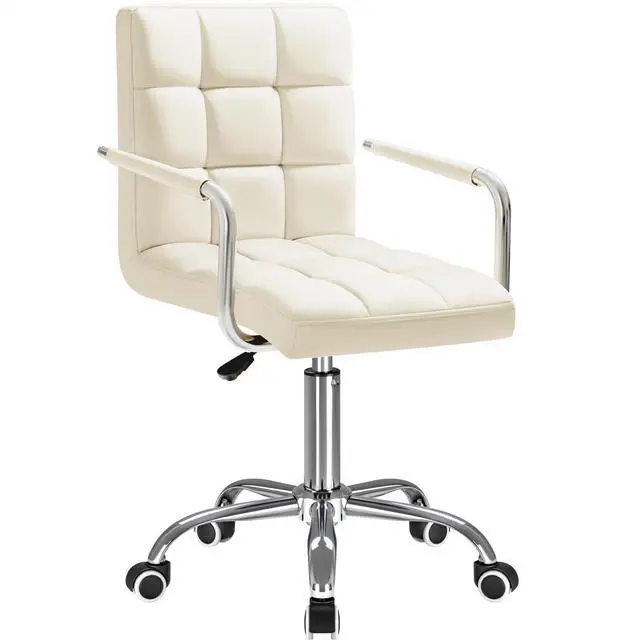 Main image of Mid-Back Office Task Chair Ribbed PU Leather Executive Chair Modern Adjustable Home Desk Retro Comfortable Work Chair 360 Degree Swivel with Arms (Beige)