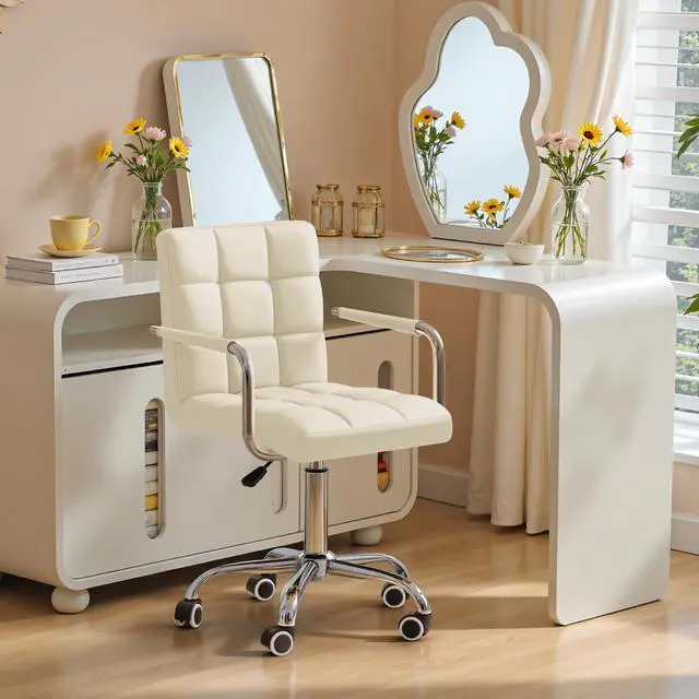 Alt view image 2 of 6 - Mid-Back Office Task Chair Ribbed PU Leather Executive Chair Modern Adjustable Home Desk Retro Comfortable Work Chair 360 Degree Swivel with Arms (Beige)