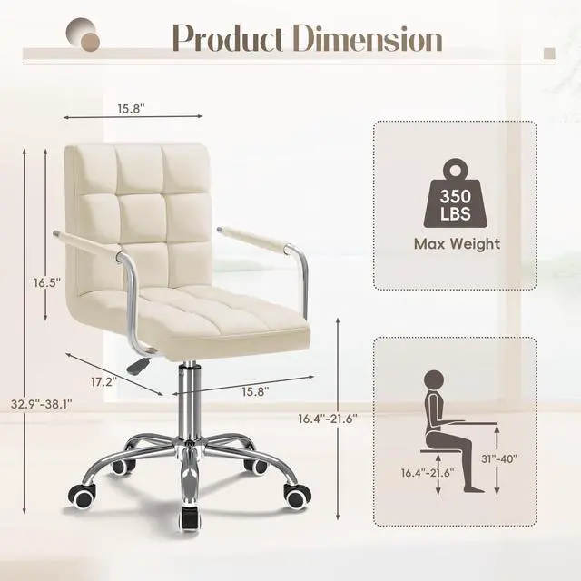Alt view image 3 of 6 - Mid-Back Office Task Chair Ribbed PU Leather Executive Chair Modern Adjustable Home Desk Retro Comfortable Work Chair 360 Degree Swivel with Arms (Beige)