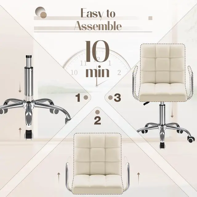 Alt view image 4 of 6 - Mid-Back Office Task Chair Ribbed PU Leather Executive Chair Modern Adjustable Home Desk Retro Comfortable Work Chair 360 Degree Swivel with Arms (Beige)
