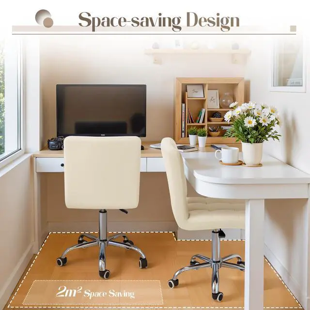 Alt view image 5 of 6 - Mid-Back Office Task Chair Ribbed PU Leather Executive Chair Modern Adjustable Home Desk Retro Comfortable Work Chair 360 Degree Swivel with Arms (Beige)