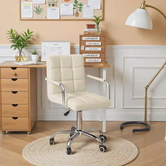Alt view image 6 of 6 - Mid-Back Office Task Chair Ribbed PU Leather Executive Chair Modern Adjustable Home Desk Retro Comfortable Work Chair 360 Degree Swivel with Arms (Beige)