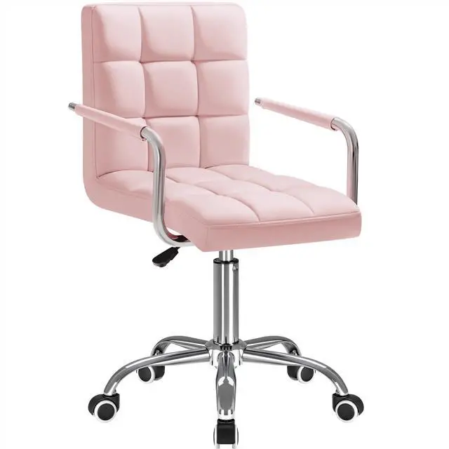 Main image of Mid-Back Office Task Chair Ribbed PU Leather Executive Chair Modern Adjustable Home Desk Retro Comfortable Work Chair 360 Degree Swivel with Arms (Light Pink)