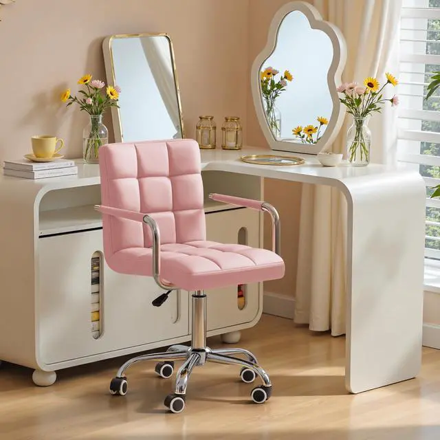Alt view image 2 of 6 - Mid-Back Office Task Chair Ribbed PU Leather Executive Chair Modern Adjustable Home Desk Retro Comfortable Work Chair 360 Degree Swivel with Arms (Light Pink)