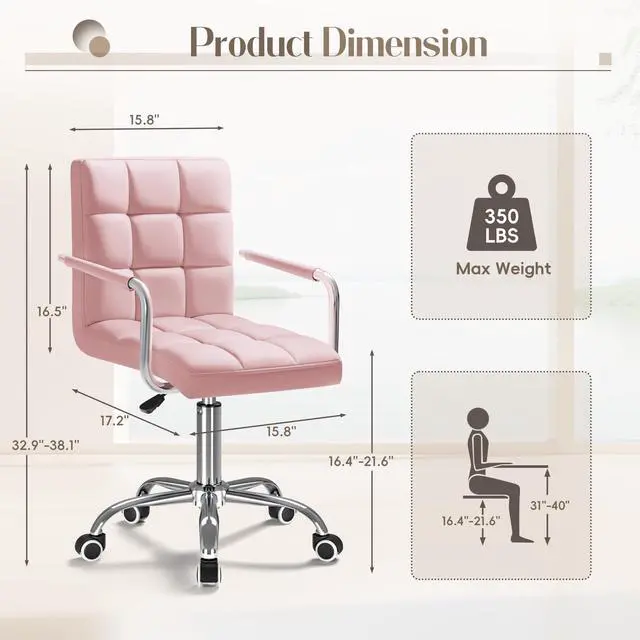 Alt view image 3 of 6 - Mid-Back Office Task Chair Ribbed PU Leather Executive Chair Modern Adjustable Home Desk Retro Comfortable Work Chair 360 Degree Swivel with Arms (Light Pink)
