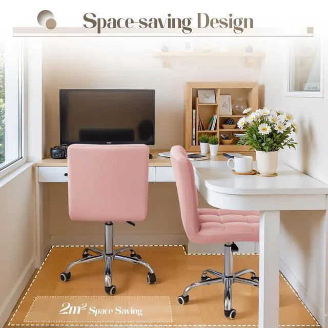 Alt view image 4 of 6 - Mid-Back Office Task Chair Ribbed PU Leather Executive Chair Modern Adjustable Home Desk Retro Comfortable Work Chair 360 Degree Swivel with Arms (Light Pink)