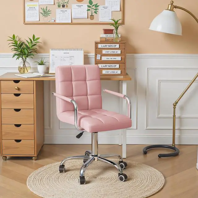Alt view image 5 of 6 - Mid-Back Office Task Chair Ribbed PU Leather Executive Chair Modern Adjustable Home Desk Retro Comfortable Work Chair 360 Degree Swivel with Arms (Light Pink)