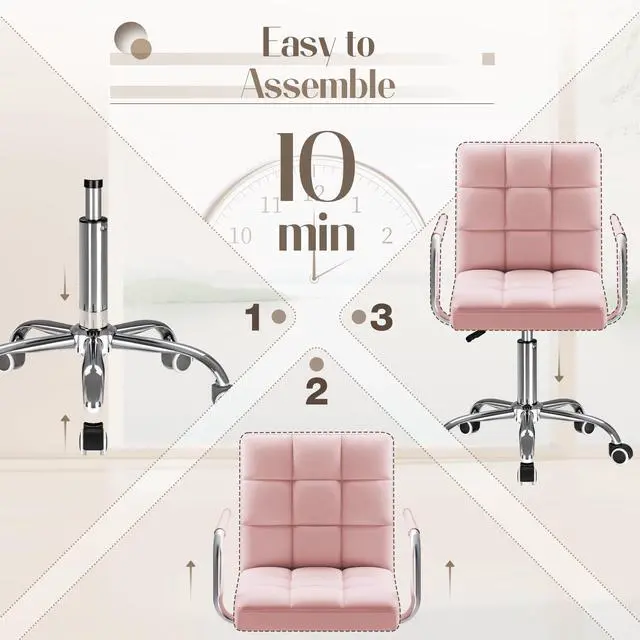 Alt view image 6 of 6 - Mid-Back Office Task Chair Ribbed PU Leather Executive Chair Modern Adjustable Home Desk Retro Comfortable Work Chair 360 Degree Swivel with Arms (Light Pink)