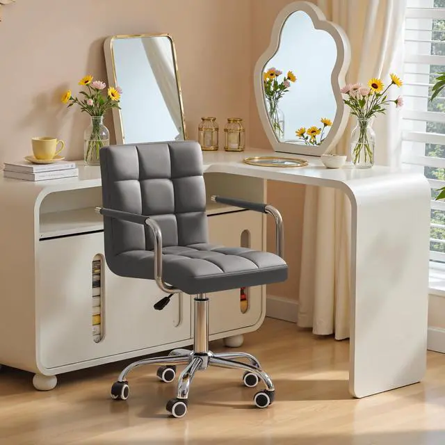 Alt view image 2 of 6 - Vanity Office Chair with Wheels,Makeup PU Leather Executive Chair Modern Adjustable Home Desk Retro Comfortable Work Chair 360 Degree Swivel with Arms (Grey)