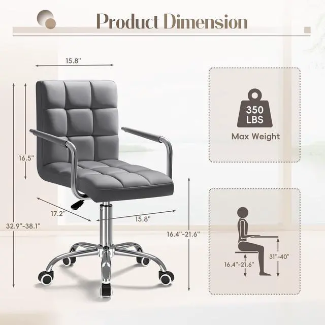 Alt view image 3 of 6 - Vanity Office Chair with Wheels,Makeup PU Leather Executive Chair Modern Adjustable Home Desk Retro Comfortable Work Chair 360 Degree Swivel with Arms (Grey)