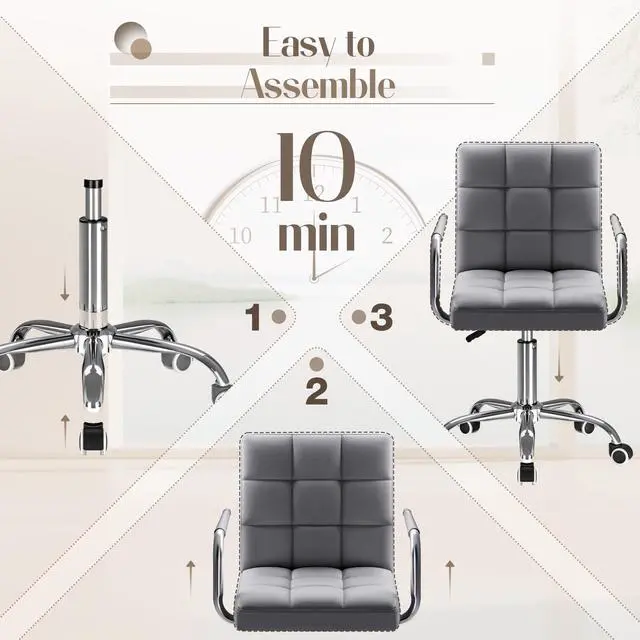 Alt view image 6 of 6 - Vanity Office Chair with Wheels,Makeup PU Leather Executive Chair Modern Adjustable Home Desk Retro Comfortable Work Chair 360 Degree Swivel with Arms (Grey)