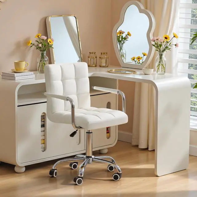 Main image of Vanity Office Chair with Wheels, Makeup PU Leather Executive Chair Modern Adjustable Home Desk Retro Comfortable Work Chair 360 Degree Swivel with Arms (White)