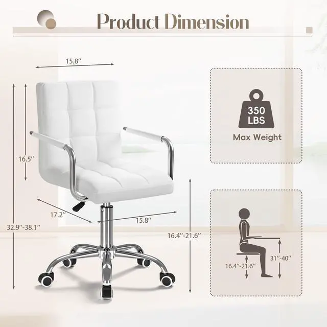 Alt view image 2 of 6 - Vanity Office Chair with Wheels, Makeup PU Leather Executive Chair Modern Adjustable Home Desk Retro Comfortable Work Chair 360 Degree Swivel with Arms (White)