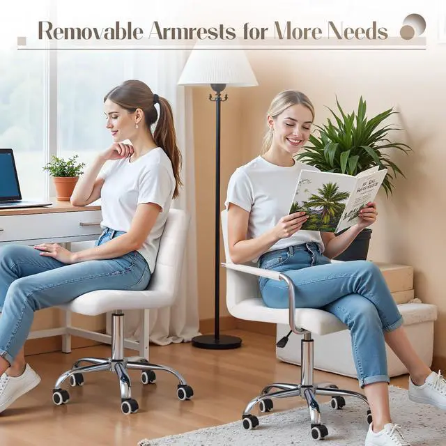 Alt view image 3 of 6 - Vanity Office Chair with Wheels, Makeup PU Leather Executive Chair Modern Adjustable Home Desk Retro Comfortable Work Chair 360 Degree Swivel with Arms (White)