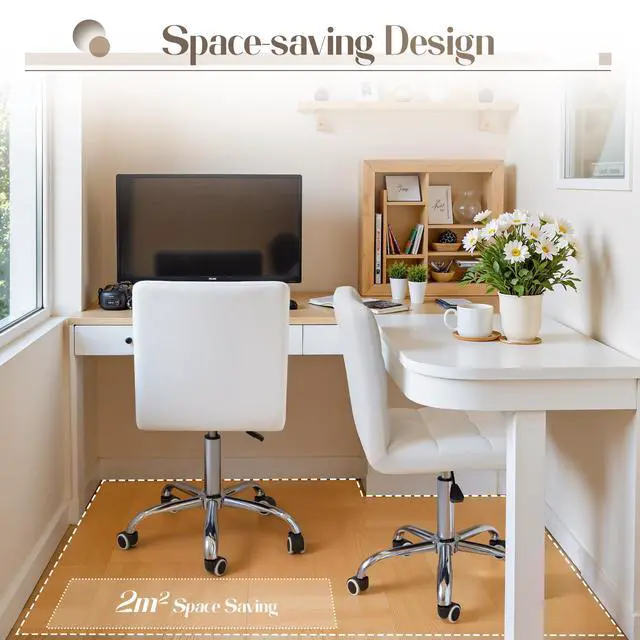 Alt view image 4 of 6 - Vanity Office Chair with Wheels, Makeup PU Leather Executive Chair Modern Adjustable Home Desk Retro Comfortable Work Chair 360 Degree Swivel with Arms (White)
