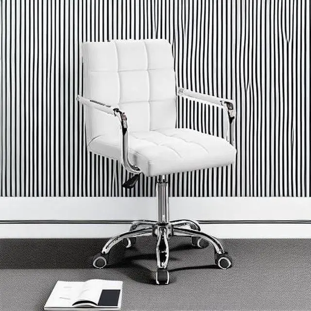 Alt view image 6 of 6 - Vanity Office Chair with Wheels, Makeup PU Leather Executive Chair Modern Adjustable Home Desk Retro Comfortable Work Chair 360 Degree Swivel with Arms (White)