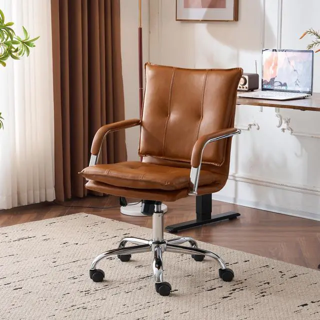 Main image of Mid-Back Ergonomic Leather Office Chair, Modern Upholstered Executive Desk Chair with Gold Frame Armrest Computer Task Chair