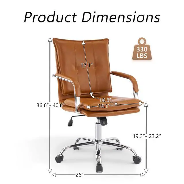 Alt view image 2 of 6 - Mid-Back Ergonomic Leather Office Chair, Modern Upholstered Executive Desk Chair with Gold Frame Armrest Computer Task Chair