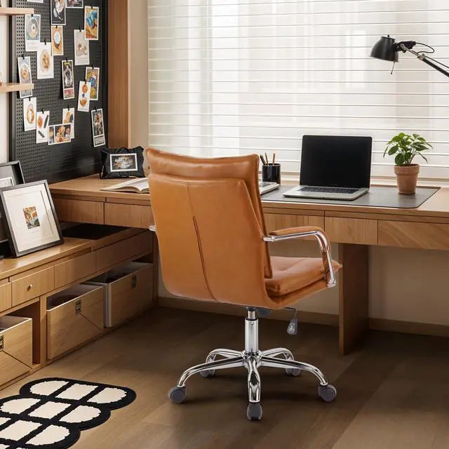 Alt view image 3 of 6 - Mid-Back Ergonomic Leather Office Chair, Modern Upholstered Executive Desk Chair with Gold Frame Armrest Computer Task Chair
