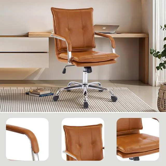 Alt view image 4 of 6 - Mid-Back Ergonomic Leather Office Chair, Modern Upholstered Executive Desk Chair with Gold Frame Armrest Computer Task Chair