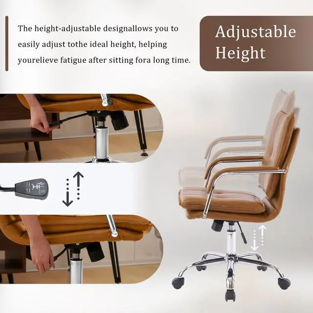 Alt view image 5 of 6 - Mid-Back Ergonomic Leather Office Chair, Modern Upholstered Executive Desk Chair with Gold Frame Armrest Computer Task Chair