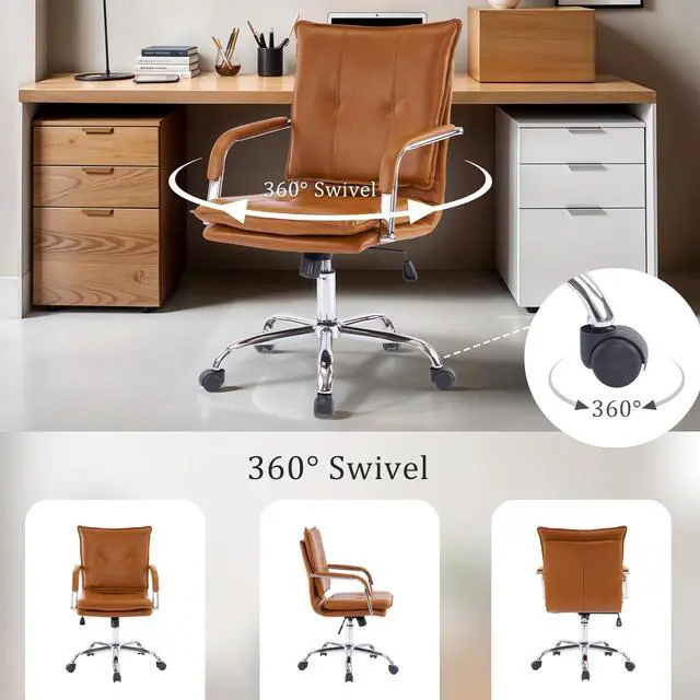 Alt view image 6 of 6 - Mid-Back Ergonomic Leather Office Chair, Modern Upholstered Executive Desk Chair with Gold Frame Armrest Computer Task Chair