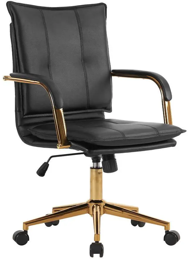 Main image of Mid-Back Ergonomic Leather Office Desk Chair, Modern Upholstered Computer Chair, Executive Office Chair with Arms, Swivel Adjustable Rolling Chair with Gold Base (Black)