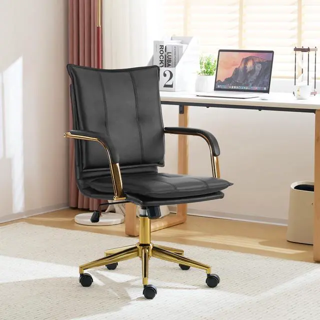 Alt view image 2 of 6 - Mid-Back Ergonomic Leather Office Desk Chair, Modern Upholstered Computer Chair, Executive Office Chair with Arms, Swivel Adjustable Rolling Chair with Gold Base (Black)