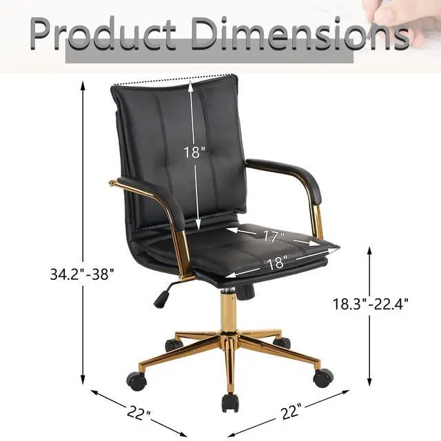 Alt view image 3 of 6 - Mid-Back Ergonomic Leather Office Desk Chair, Modern Upholstered Computer Chair, Executive Office Chair with Arms, Swivel Adjustable Rolling Chair with Gold Base (Black)