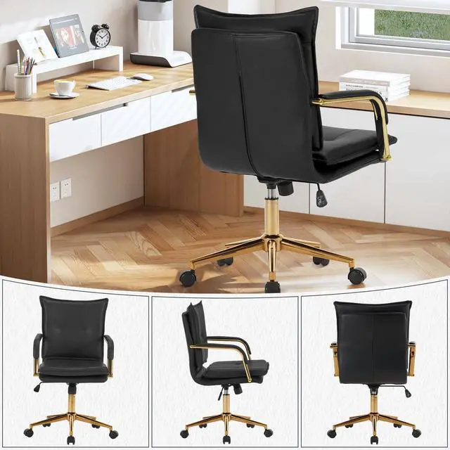 Alt view image 5 of 6 - Mid-Back Ergonomic Leather Office Desk Chair, Modern Upholstered Computer Chair, Executive Office Chair with Arms, Swivel Adjustable Rolling Chair with Gold Base (Black)