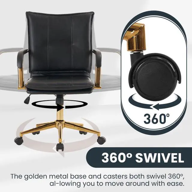 Alt view image 6 of 6 - Mid-Back Ergonomic Leather Office Desk Chair, Modern Upholstered Computer Chair, Executive Office Chair with Arms, Swivel Adjustable Rolling Chair with Gold Base (Black)