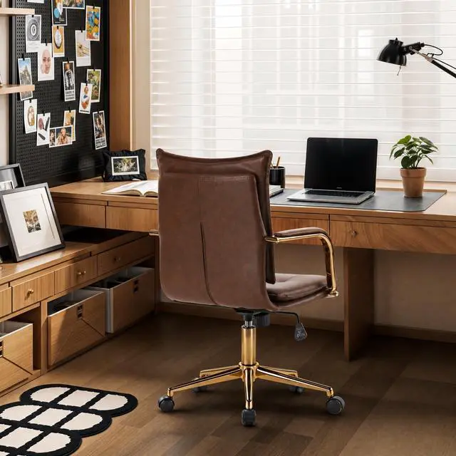 Alt view image 3 of 6 - Mid-Back Ergonomic Leather Office Desk Chair, Modern Upholstered Computer Chair, Executive Office Chair with Arms, Swivel Adjustable Rolling Chair with Gold Base (Brown)