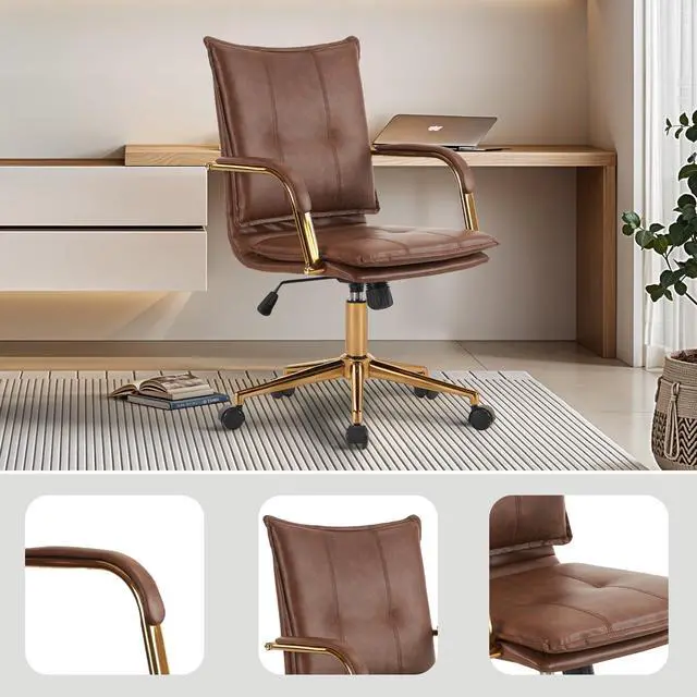 Alt view image 4 of 6 - Mid-Back Ergonomic Leather Office Desk Chair, Modern Upholstered Computer Chair, Executive Office Chair with Arms, Swivel Adjustable Rolling Chair with Gold Base (Brown)