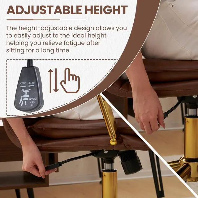 Alt view image 5 of 6 - Mid-Back Ergonomic Leather Office Desk Chair, Modern Upholstered Computer Chair, Executive Office Chair with Arms, Swivel Adjustable Rolling Chair with Gold Base (Brown)